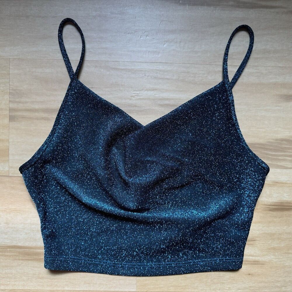 Women's Draped Cowl Neck Cropped Tank Top Blue Glitter Metallic Micro Cami M